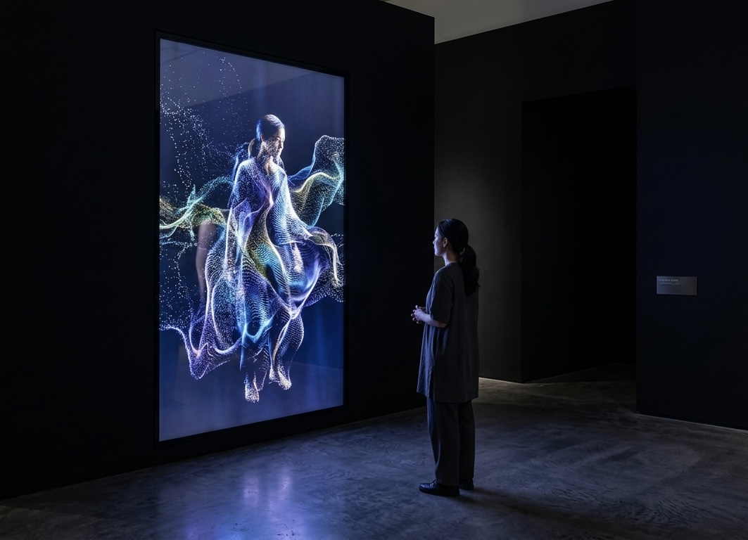 BiOMerror, 2015/2026 — a visitor standing before a monumental digital mirror displaying a luminous particle-based figure formed from breath, heartbeat and physiological rhythms; virtual realization of an unrealized immersive installation by Hannes Bend