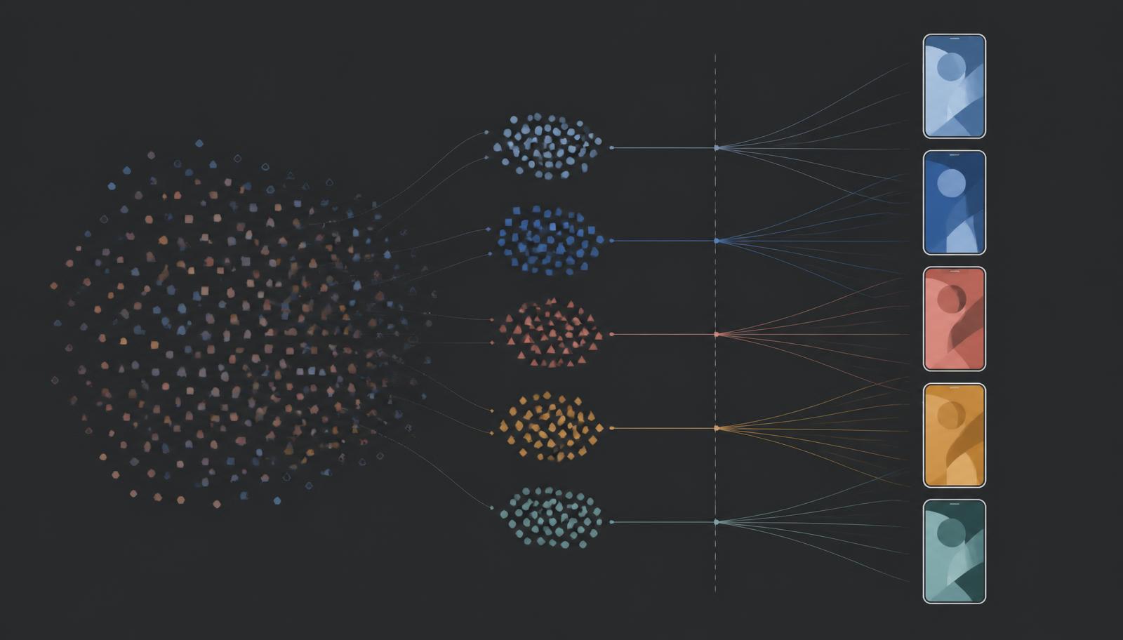 Abstract illustration of behavioral data points sorting into personality segments and fanning out into differently treated versions of a message on separate screens.