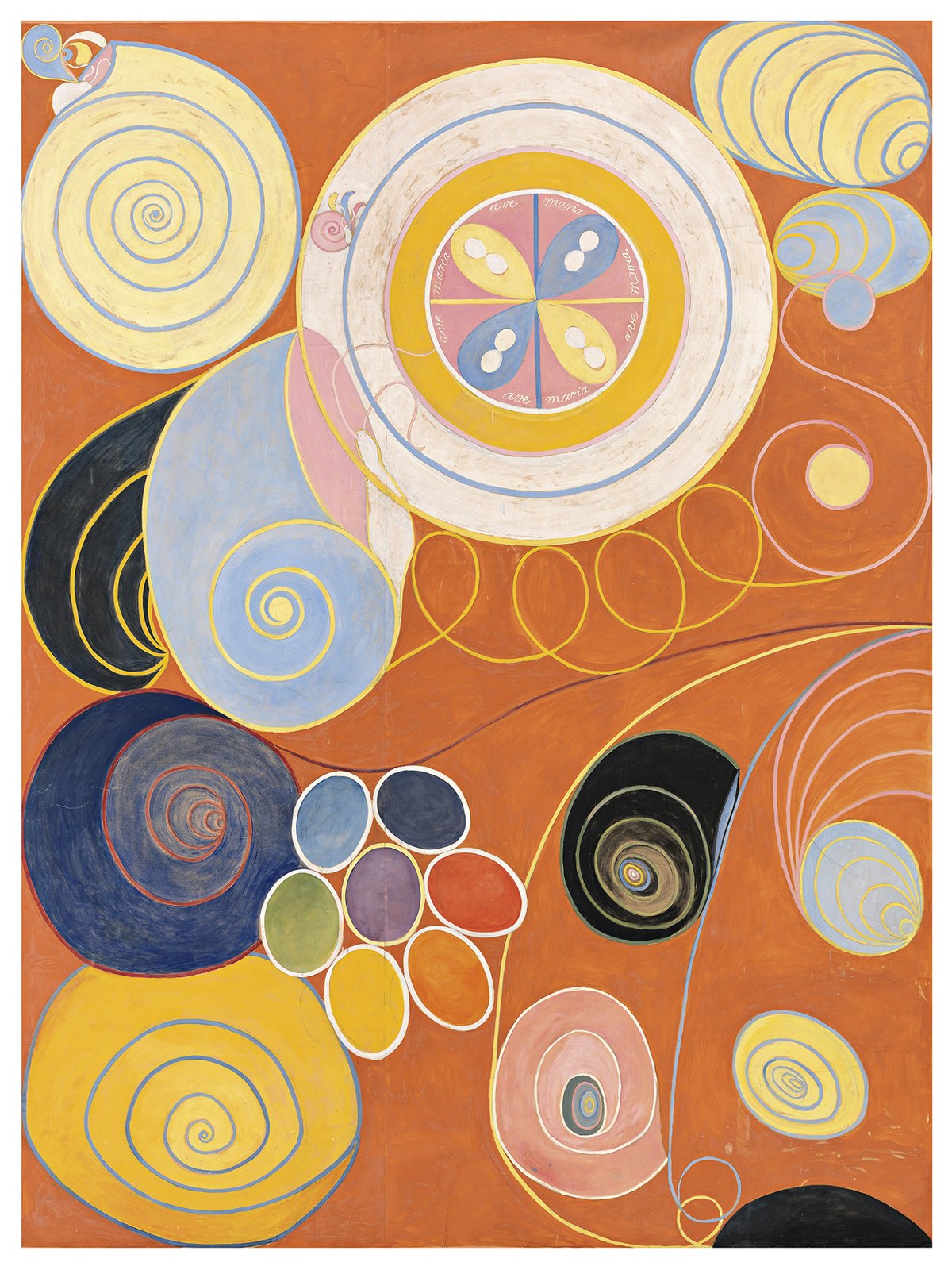 Hilma af Klint, The Ten Largest, No. 3, Youth, 1907: large abstract composition of orange, blue and green organic forms, spirals and inscribed letterforms on a pale ground.