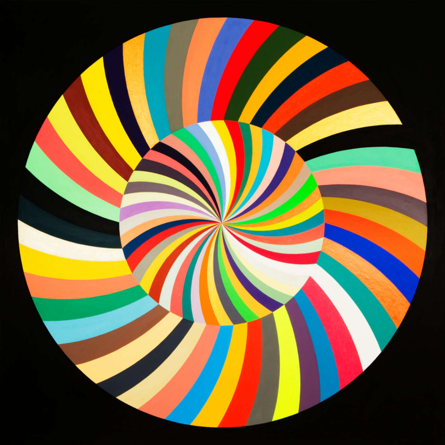twoInoneInall, 2009 — a nested double spiral of multicolour bands on a black ground, acrylic on canvas