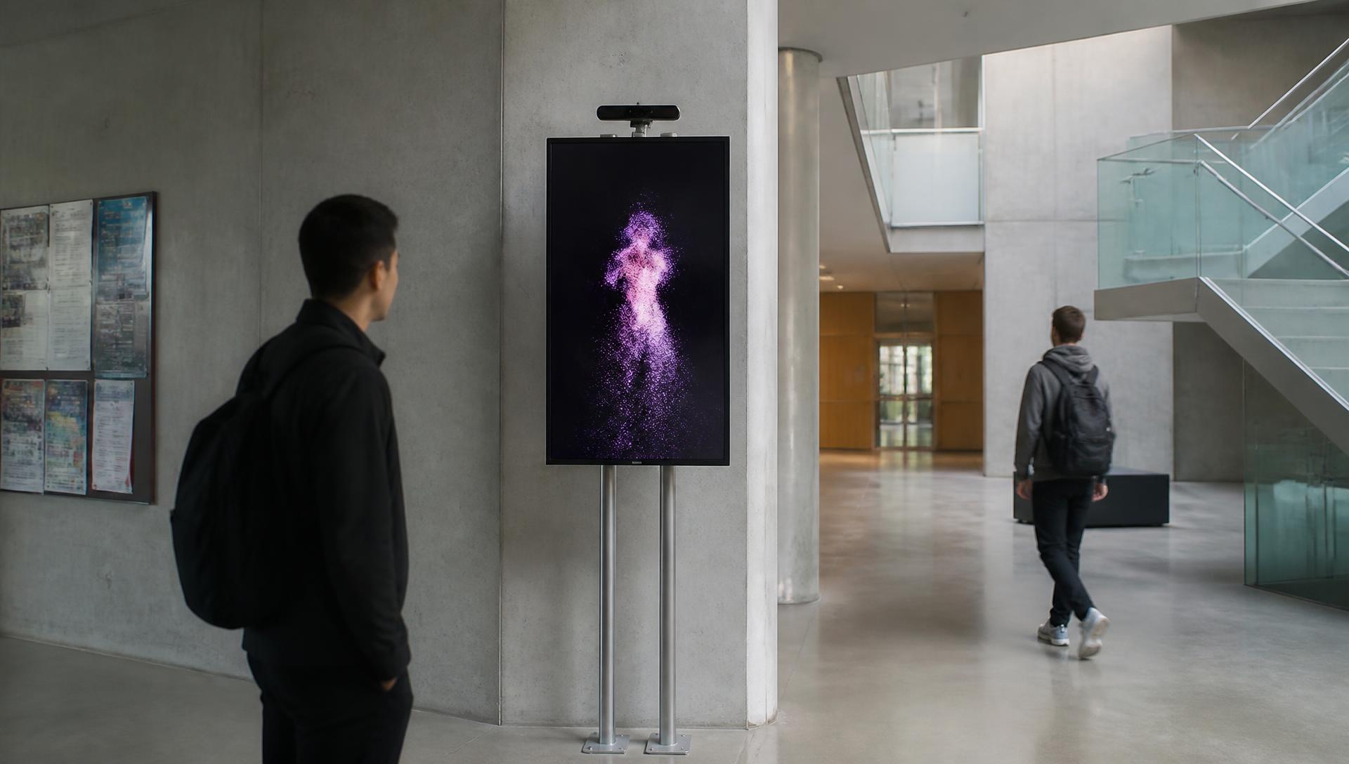 FORMLITH, 2014/2026 — installation mockup of a vertical flat screen mounted on slim steel pipes in the concrete ground-floor hallway of a university science building, a sensor bar above it and a passerby pausing to look