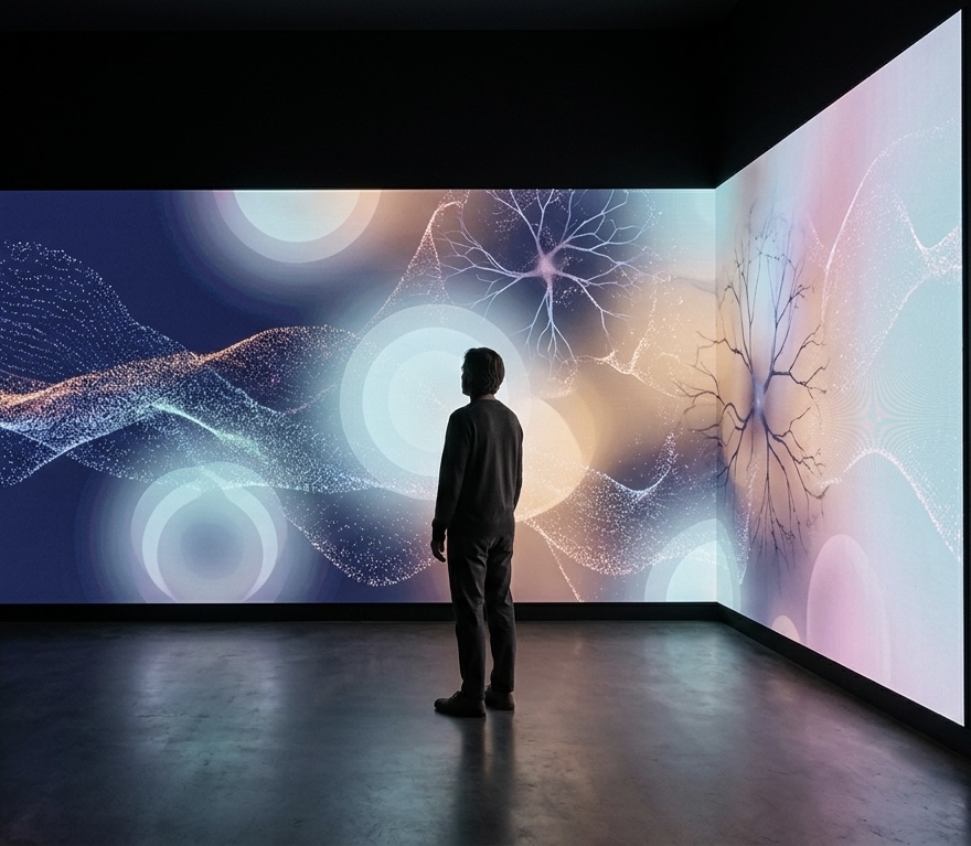 The Frontier Within, 2015/2026 — a figure standing in a dark room facing luminous wall-scale projections of neurons, particle flows, and concentric light rings; virtual realization of an unrealized immersive installation by Hannes Bend