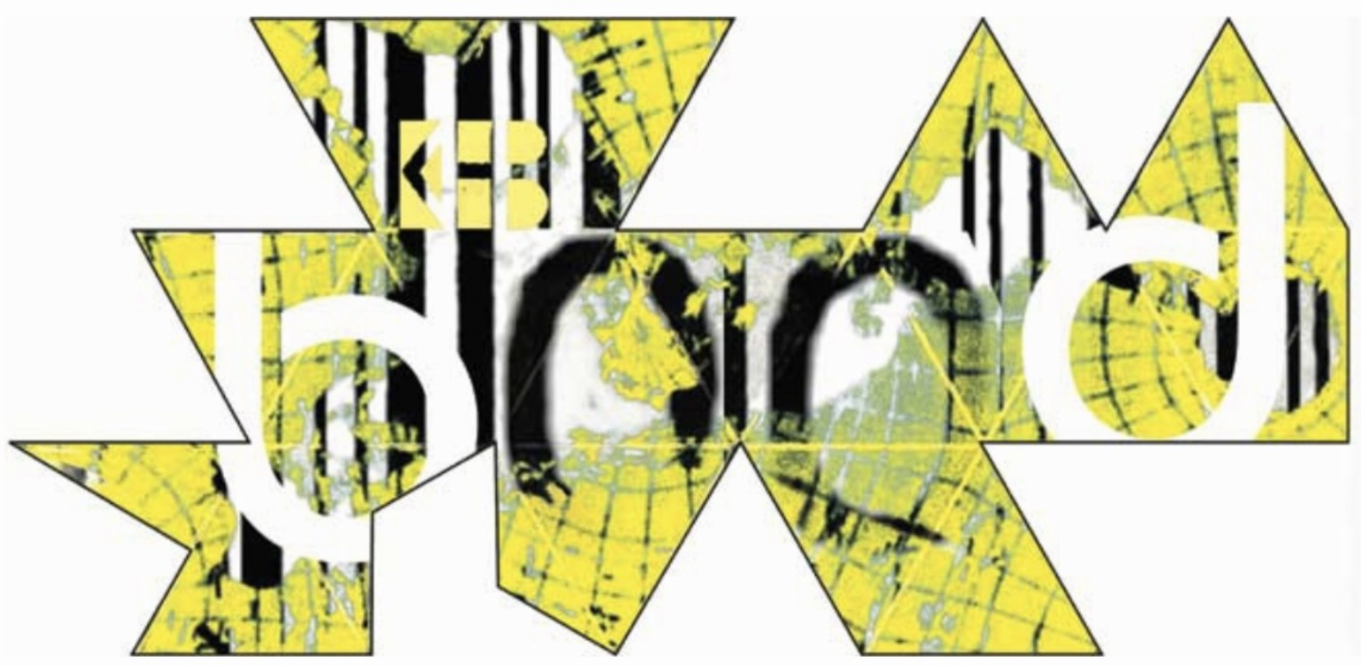 b00d, 2004 — foldable exhibition flyer inspired by Buckminster Fuller's Dymaxion world map, showing the title 'b00d' laid across triangular map segments with a barcode motif embedded in the composition