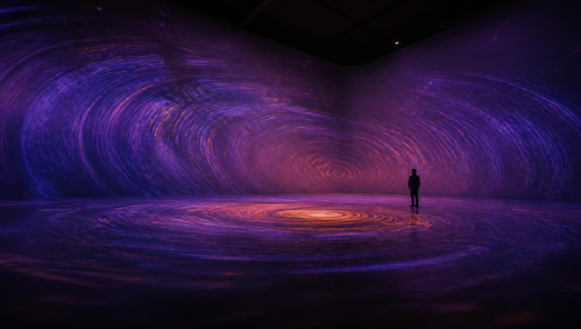 AutonoME, 2019/2026 — the same darkened gallery in a heightened state, with tighter, faster concentric rings and warmer amber and red entering the violet field, seen with one small visitor at architectural scale