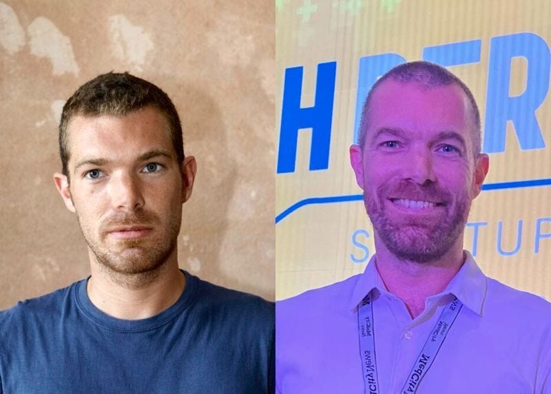 Two portraits side by side: a younger Hannes Bend with a neutral expression in front of a plain wall, and Hannes Bend smiling in front of a conference backdrop thirteen years later.