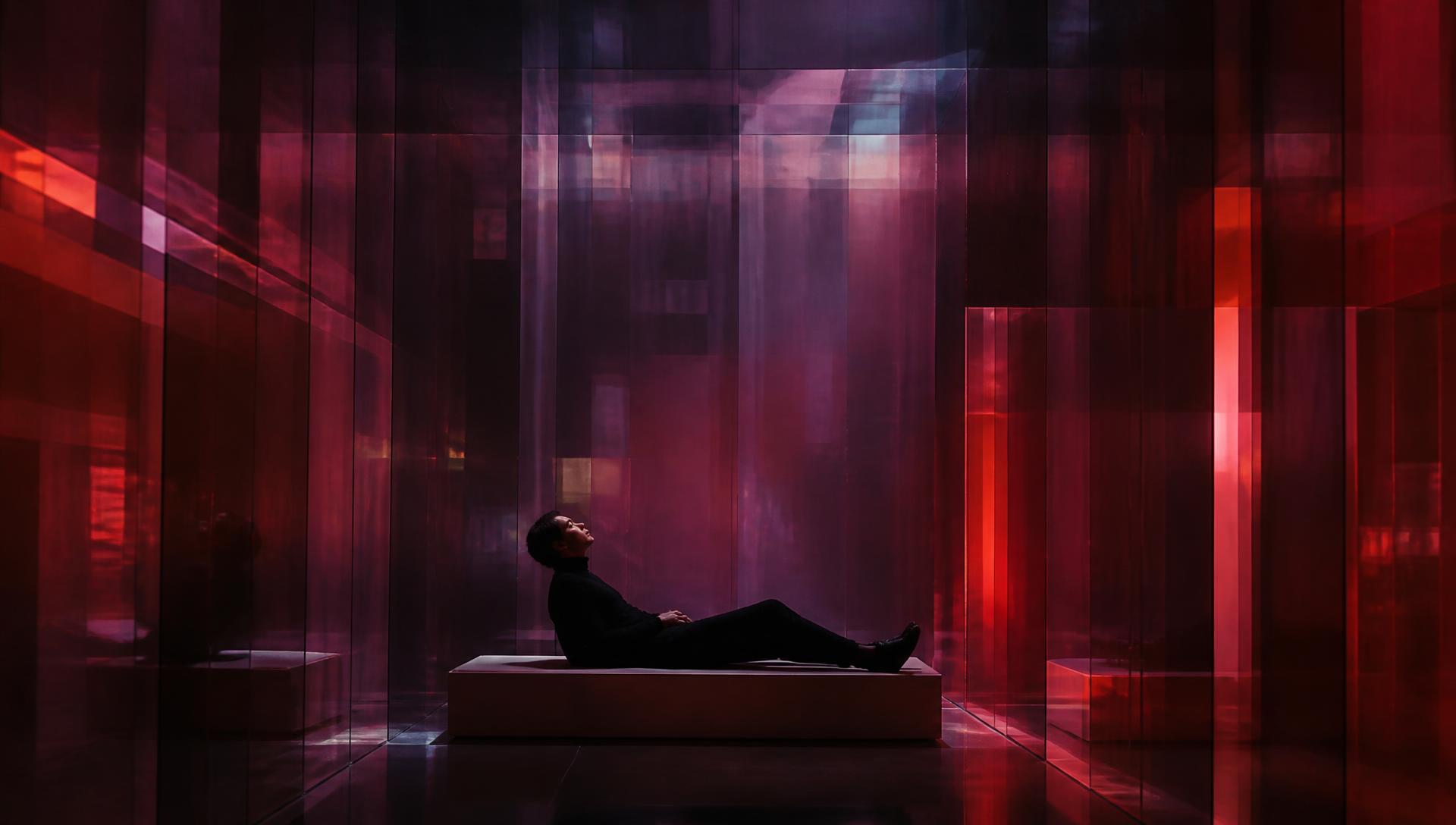 Heaven or Hell, 2020/2026 — the same chamber compressed around the reclining visitor in dense red, black and bruised violet, with fractured light, close overlapping planes and accelerating vertical bands; visualization of the personalized Hell phase