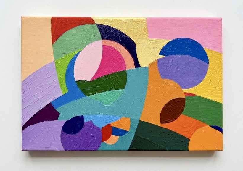 landshape, 2026 — abstract composition of overlapping circular color fields with gold and pink accents on canvas, part of the CircUlaR Series by Hannes Bend