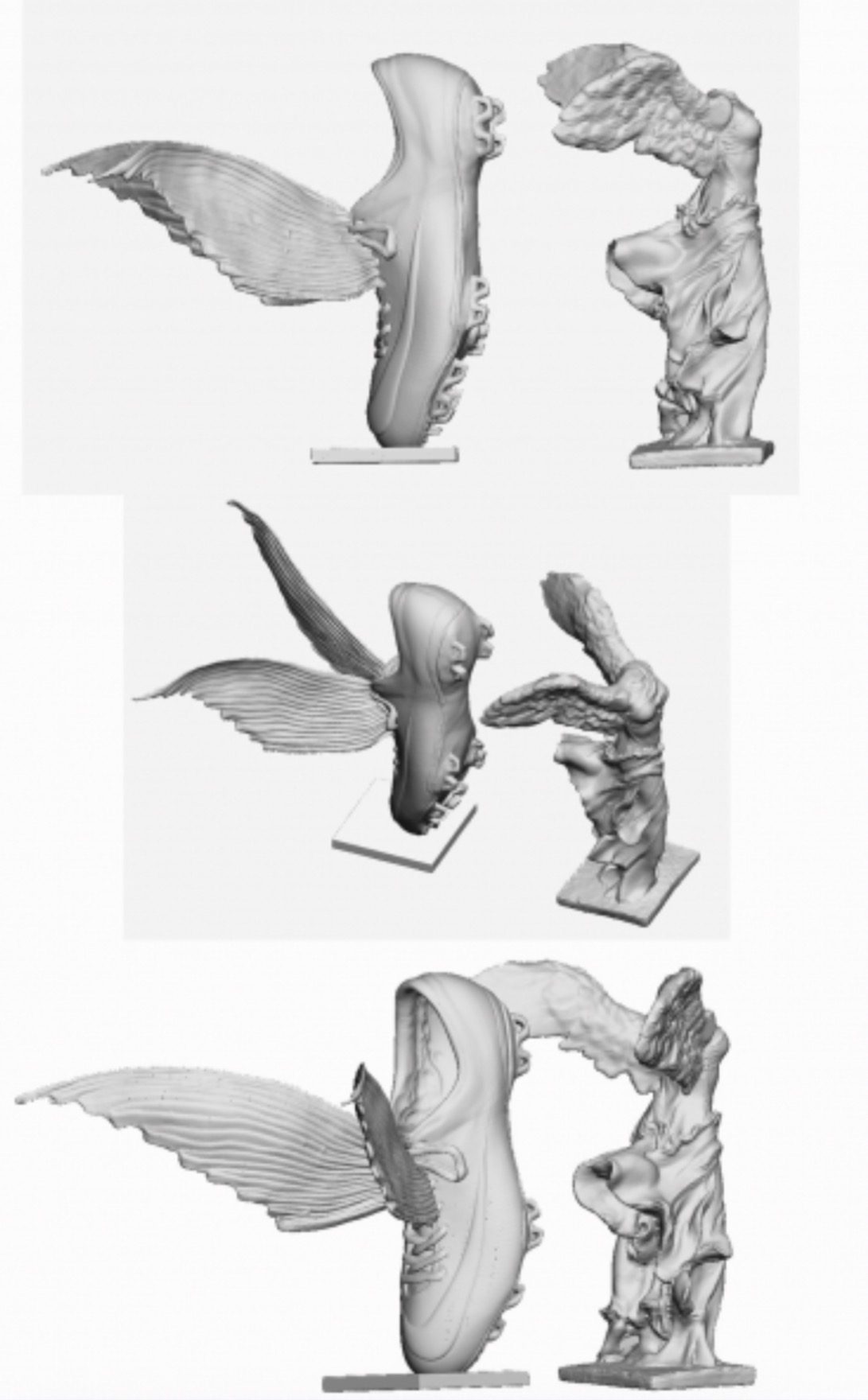 Nike, 2010 — three 3D-model mockups merging a Nike Mercurial SuperFly Vapor II football boot with the Nike of Samothrace sculpture, by Hannes Bend