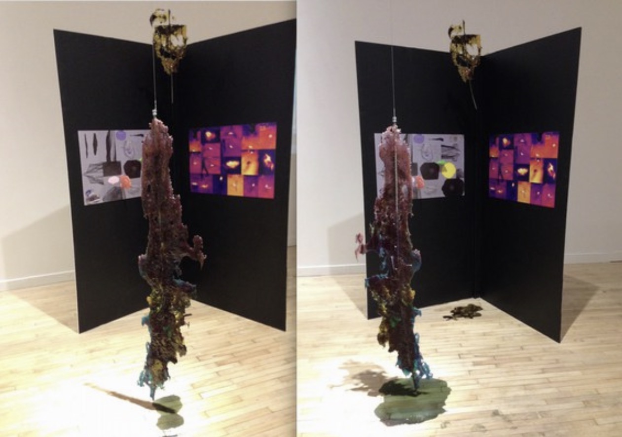 Bronx Bit(e)s / sweet streets, 2015 — installation view at the Bronx Museum of the Arts AIM Biennial, hanging candy pothole cast between black panels
