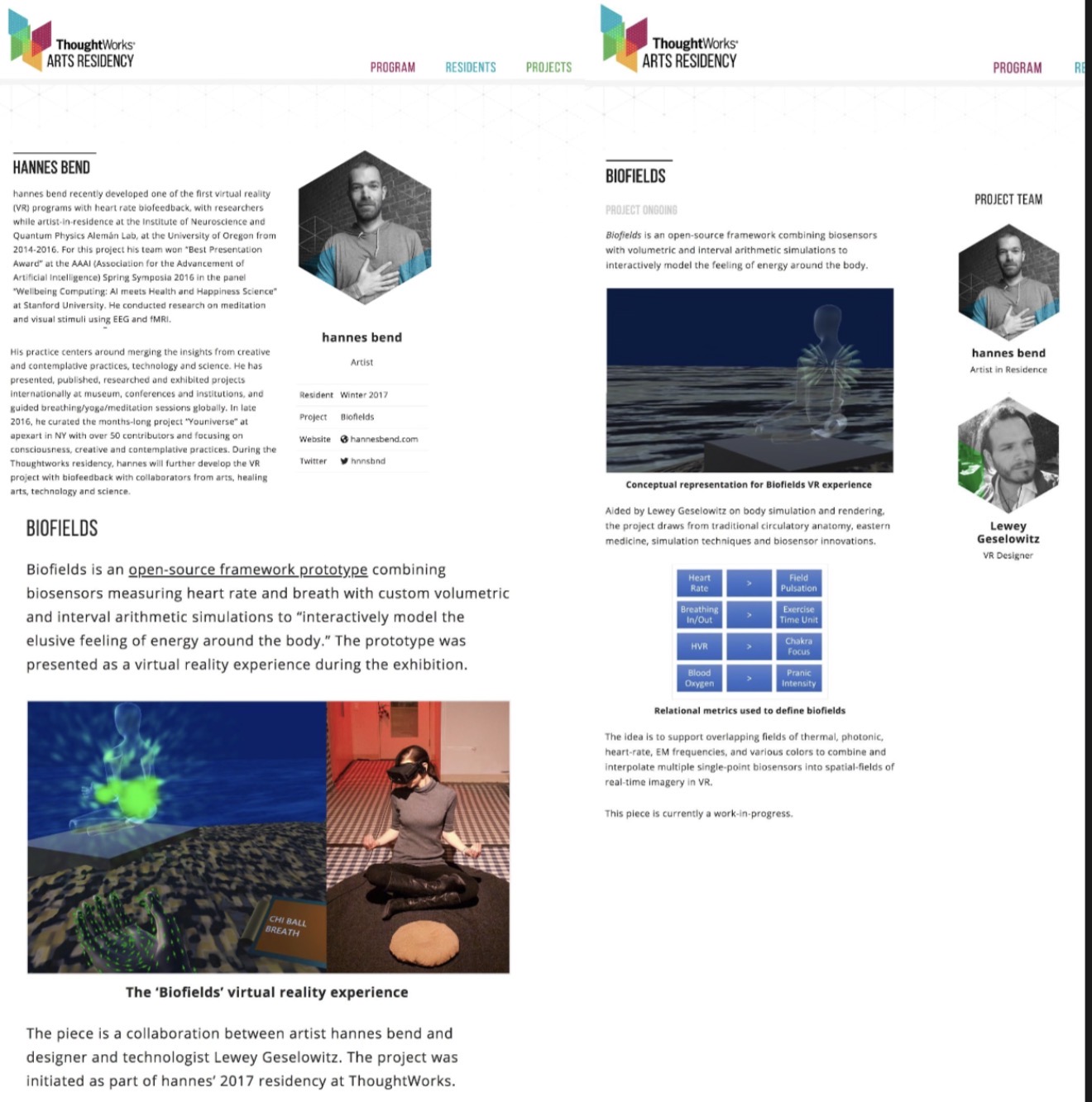 Biofields, 2017–2018 — Hannes Bend with Lewey Geselowitz, open-source VR biofeedback framework, ThoughtWorks Arts Residency, New York — residency documentation and Biofields VR project page