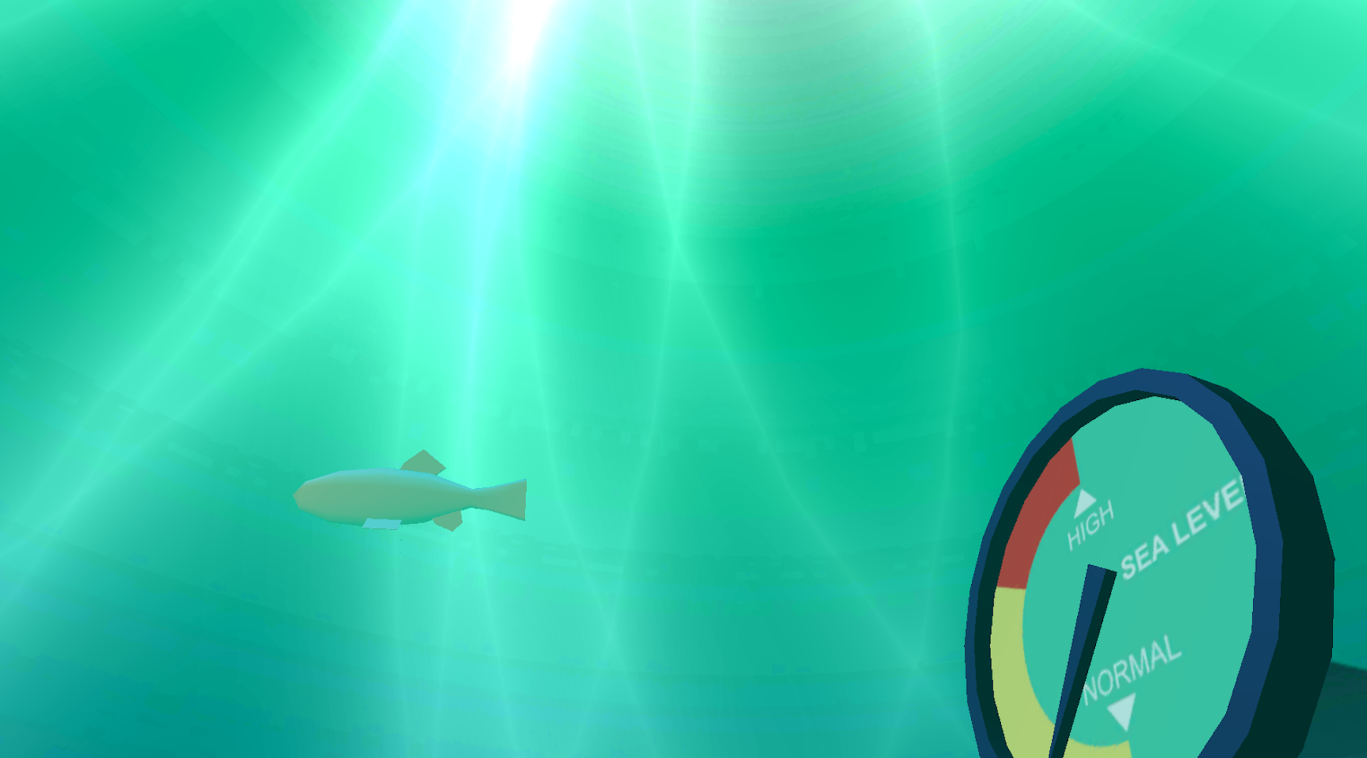 SEAing Breath in-VR view — green underwater light, a fish, and the sea-level gauge