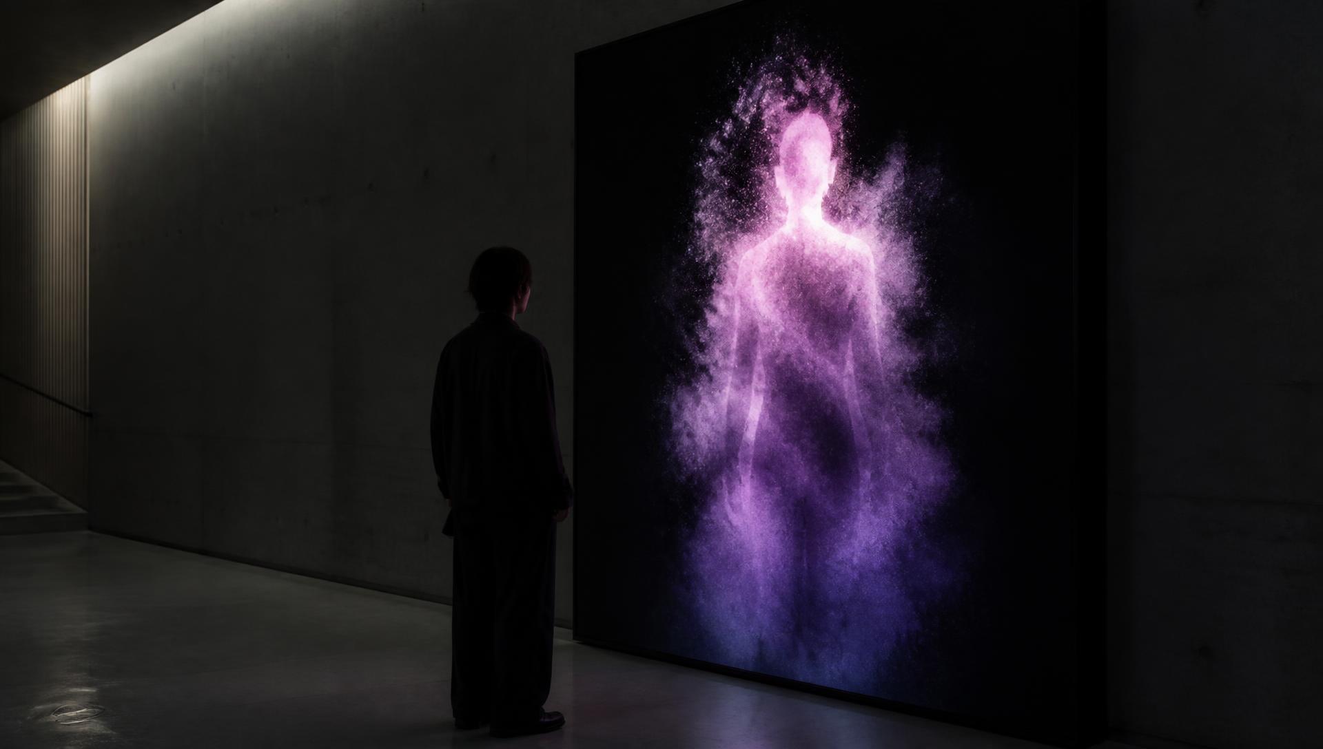 FORMLITH, 2014/2026 — a single person standing before a tall black screen in a dim concrete corridor; on the screen their body appears as a violet and magenta thermal particle cloud with porous, dissolving edges rather than a mirror image