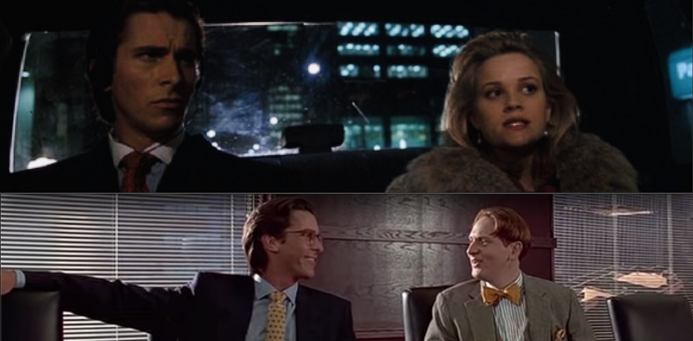 Scenes from the film American Psycho showing the main character in a business suit.