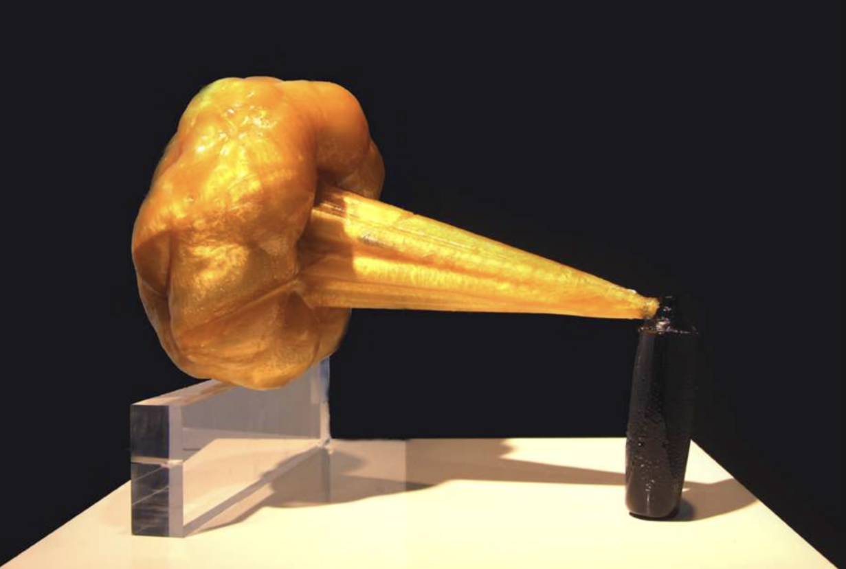 POISON, 2010 — hard-candy cast stretched from a pedestal to a small black bottle, by Hannes Bend