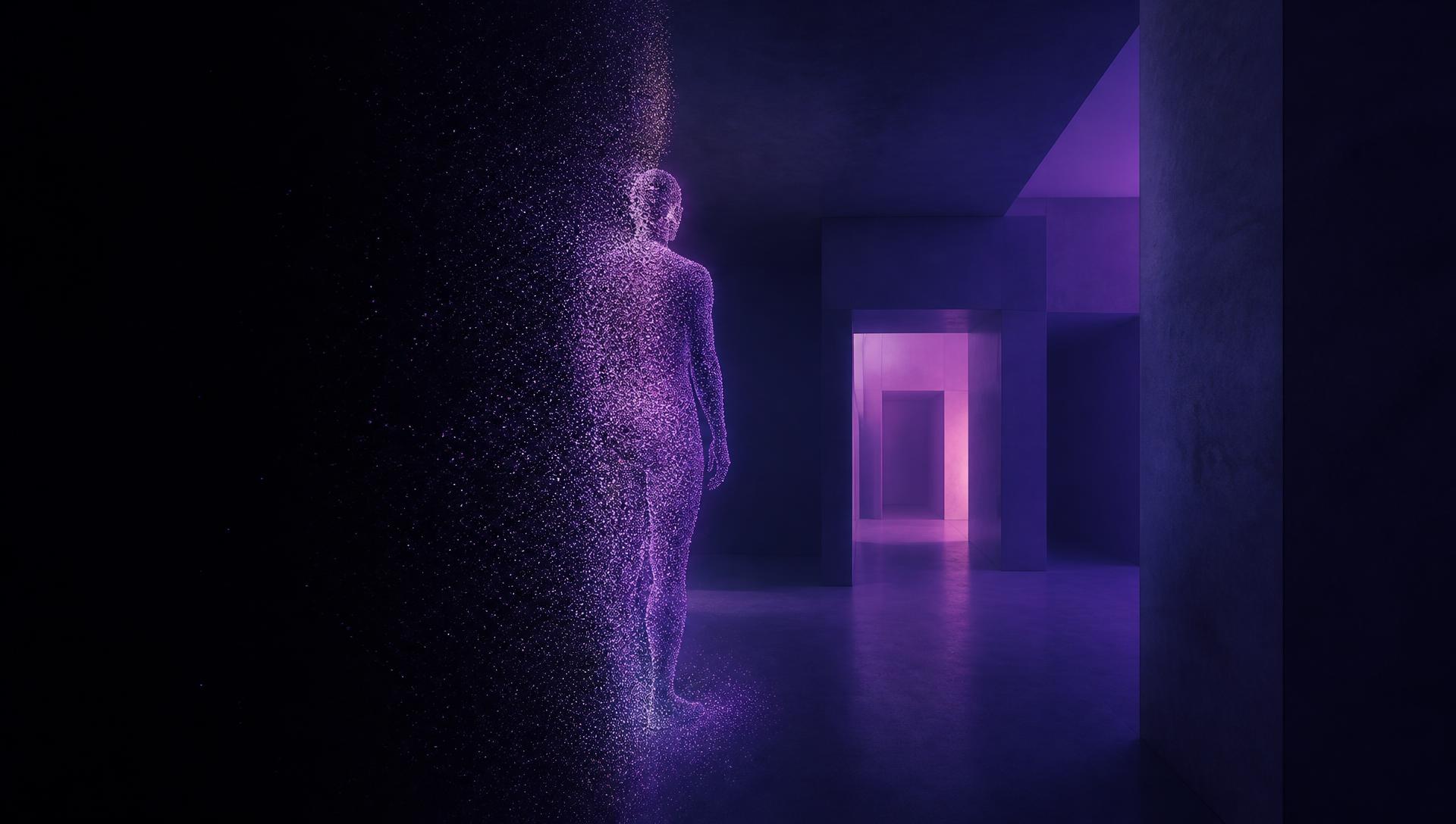 FORMLITH, 2014/2026 — a particle figure of violet light standing at the edge of a black field, facing a receding sequence of rendered architectural rooms and doorways lit in magenta and lavender