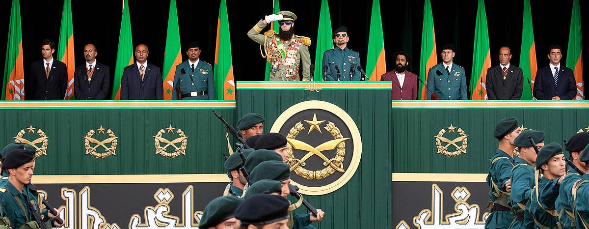 Scene from the film The Dictator with Sacha Baron Cohen in costume as the character Admiral General Aladeen.