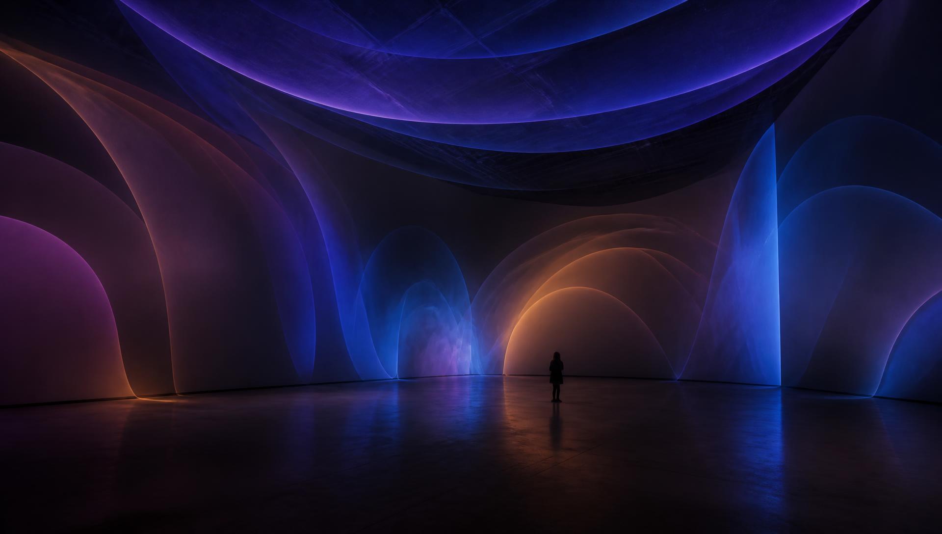 AutonoME, 2019/2026 — a darkened gallery filled with slow, widely spaced fields of deep blue and violet light and faint haze, with a single distant visitor standing still; visualization of the installation's resting state