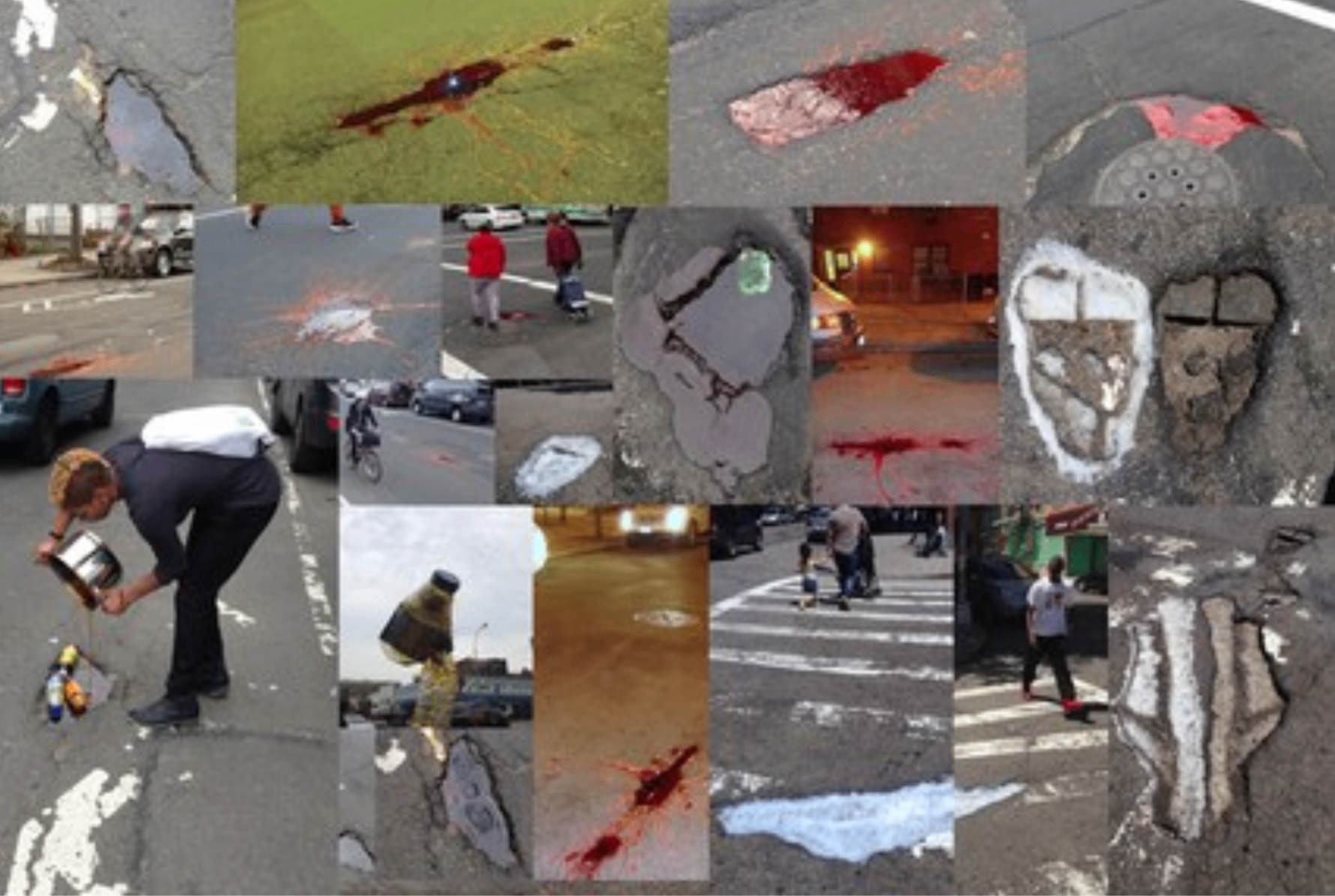 Documentation of public interventions filling New York City potholes with molten candy, 2014–2015