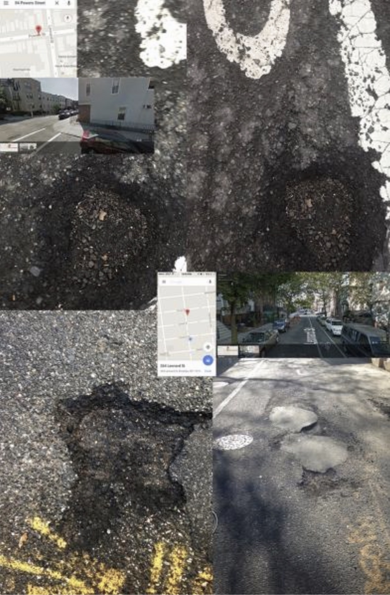Composite of pothole locations, street photographs, mapping, and damaged road surfaces