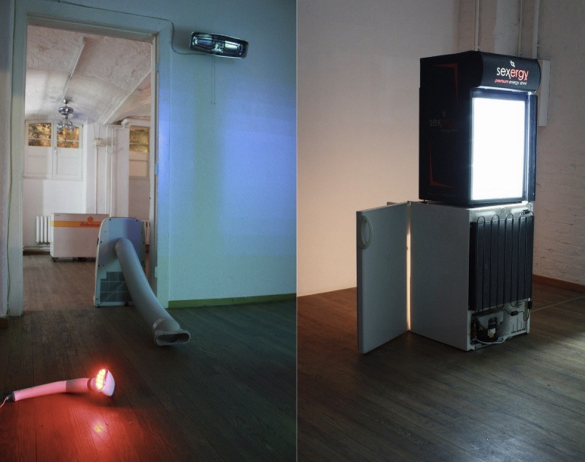IN & OUT, 2004/2013 — installation overview with modified household appliances, ducts, and illuminated refrigerator sculpture