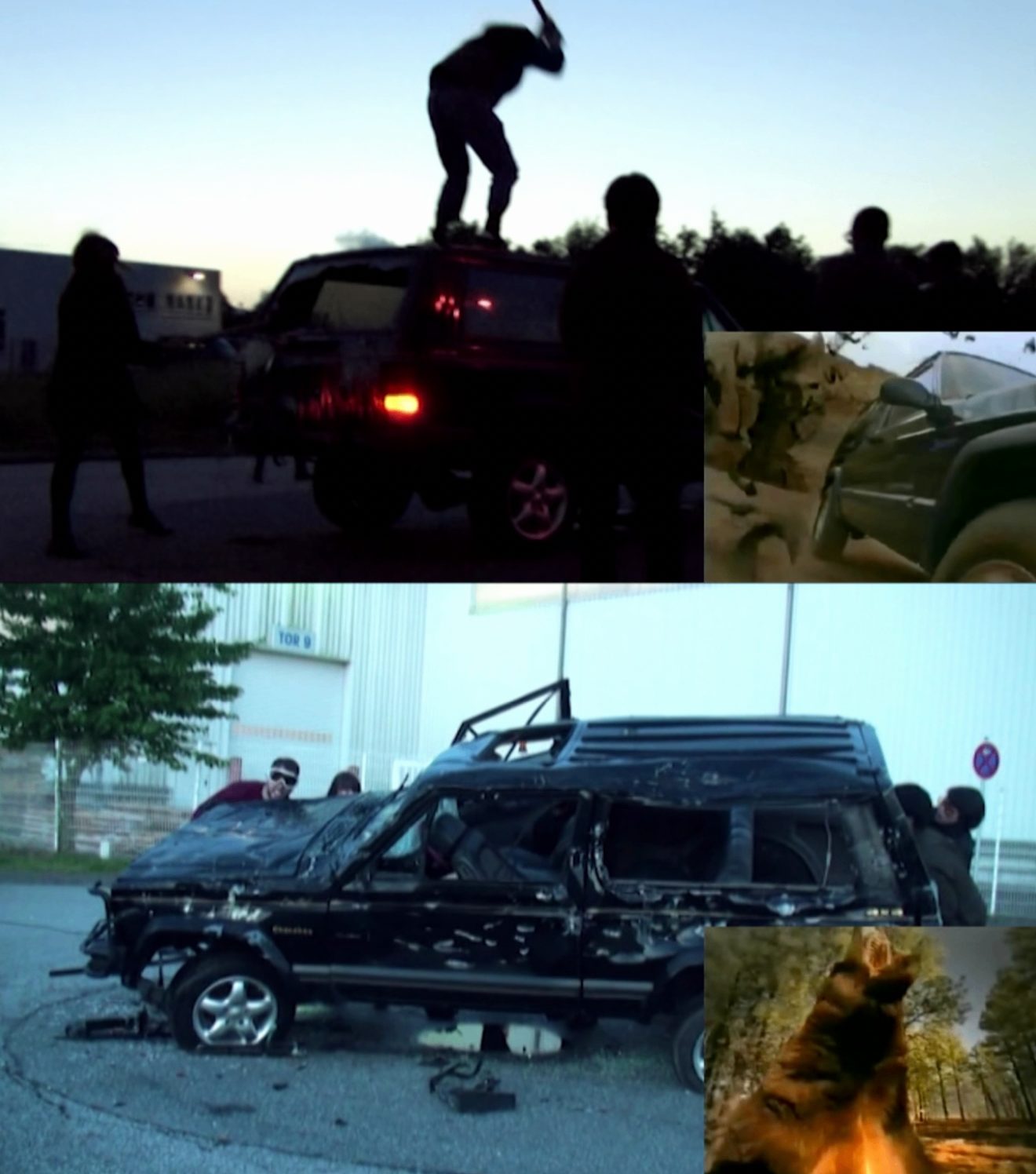 Origin is Absent, 2011 — four-panel montage: baseball-bat performance atop the SUV at dusk, desert-canyon composite, destroyed SUV in an industrial yard, and forest-fire composite, by Hannes Bend