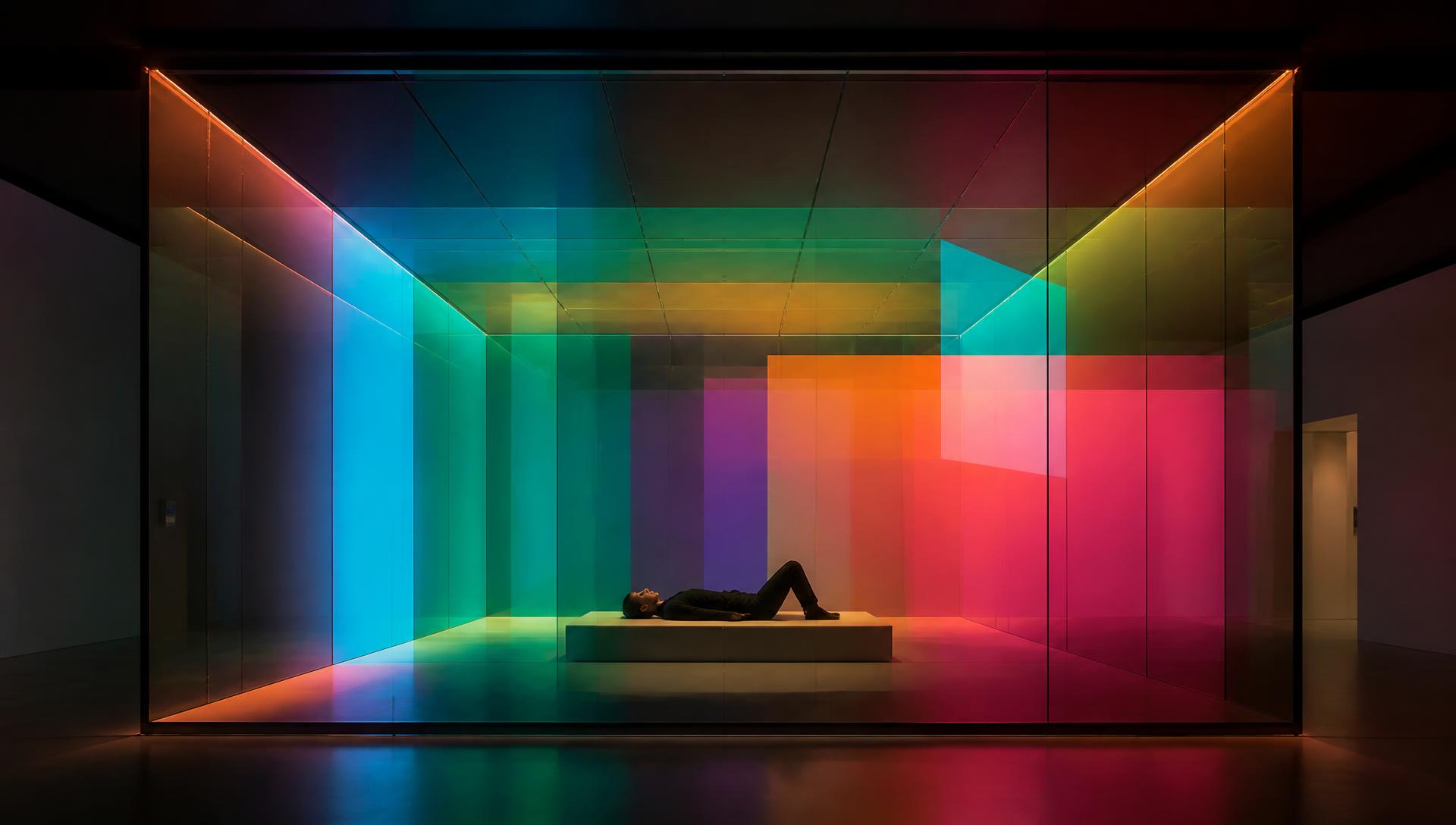 Heaven or Hell, 2020/2026 — the same translucent chamber and reclining visitor, now crossed by ordered rectangular fields of cyan, green, amber and magenta light projected onto the glass planes at varying brightness; visualization of the stimulus-mapping phase