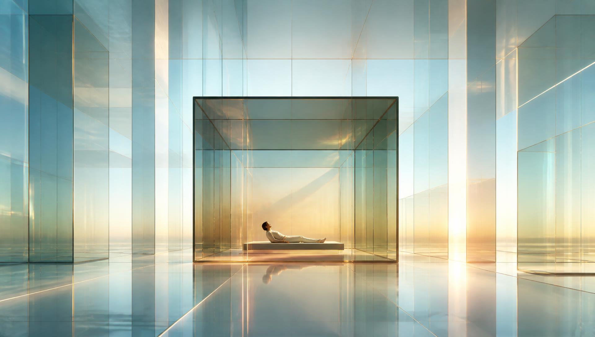 Heaven or Hell, 2020/2026 — the same chamber appearing to expand beyond its boundaries in pale cyan, white and soft gold with delicate prismatic light and long slow gradients, the visitor reclining inside; visualization of the personalized Heaven phase