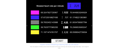 Prototype interface listing slowest heart rate per minute per color swatch — magenta, blue, grey, green and yellow — each beside an "I AM" sample and a beats-per-minute value, with a Start button.