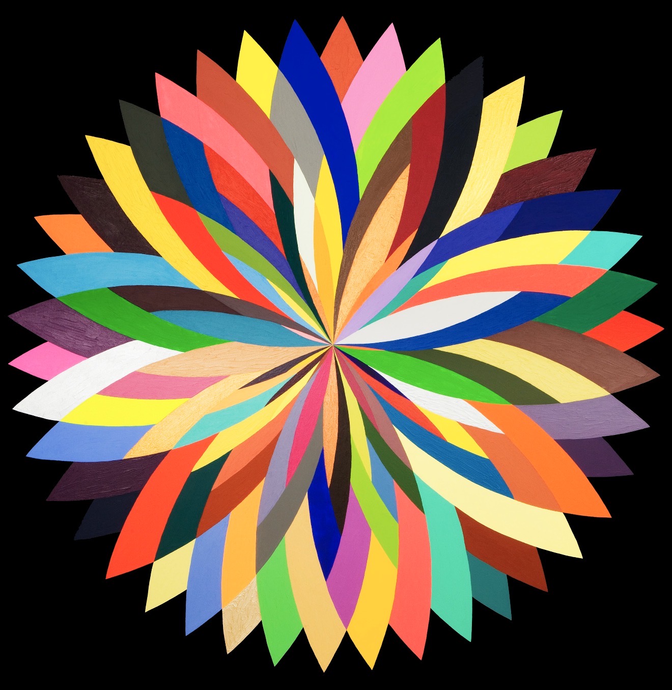 Starstruck, 2008 — dense multicolor petal star of overlapping pointed color fields filling the canvas on a black ground, acrylic on canvas by Hannes Bend