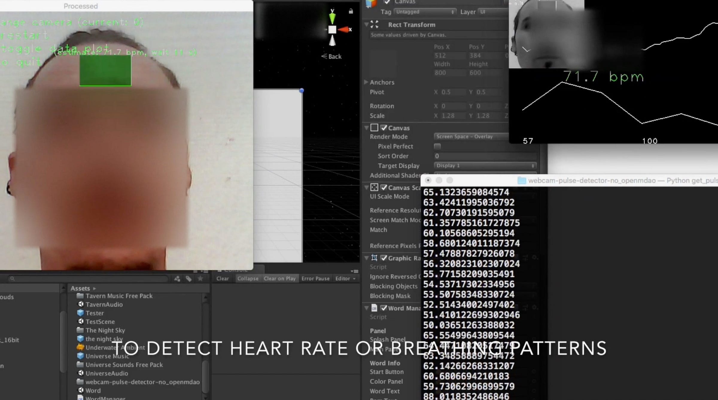 The same prototype screen with an added inset showing a waveform and a reading of 71.7 bpm. Overlaid caption reads: to detect heart rate or breathing patterns.