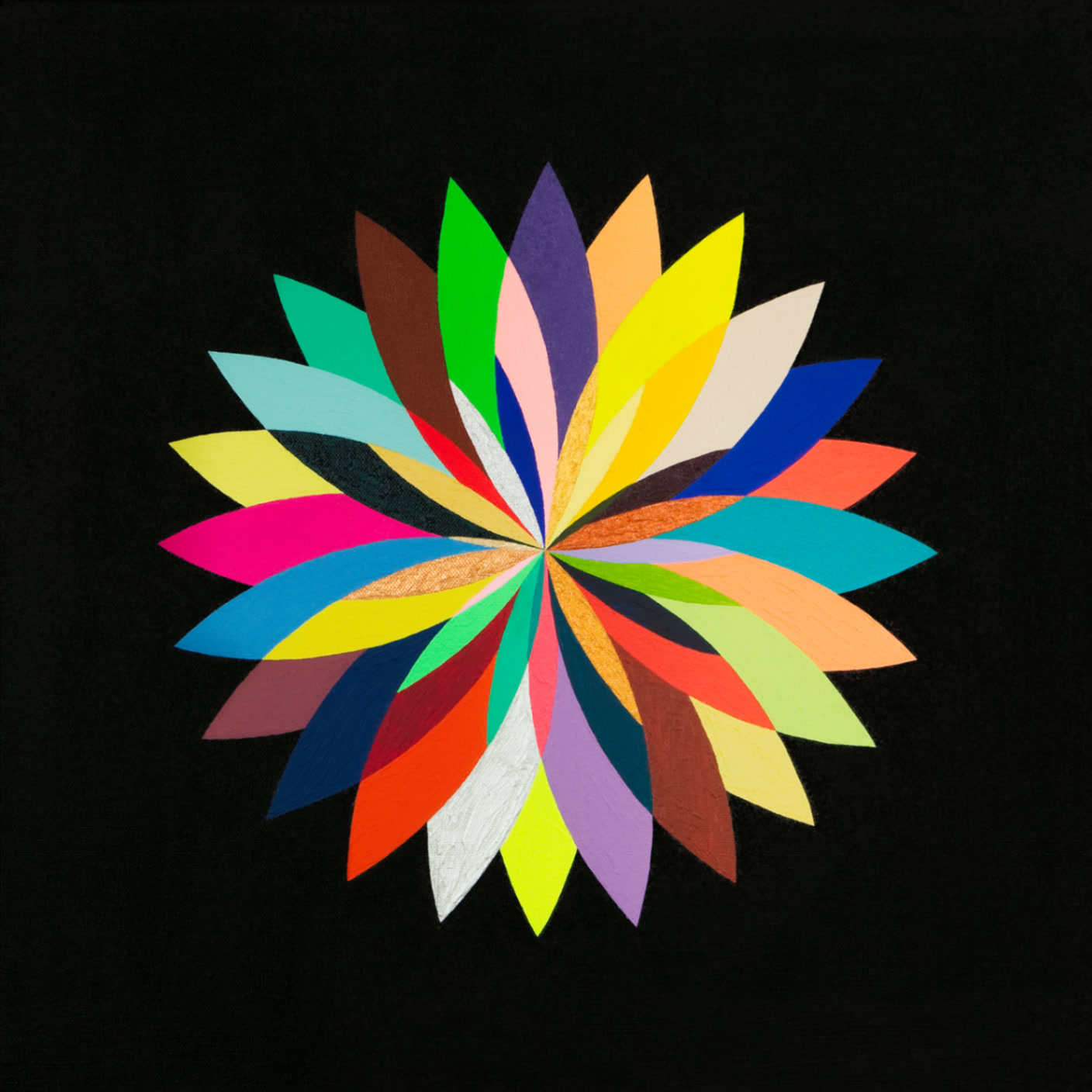 Starstruck — multicolor petal-flower composition of overlapping color circles on black ground by Hannes Bend