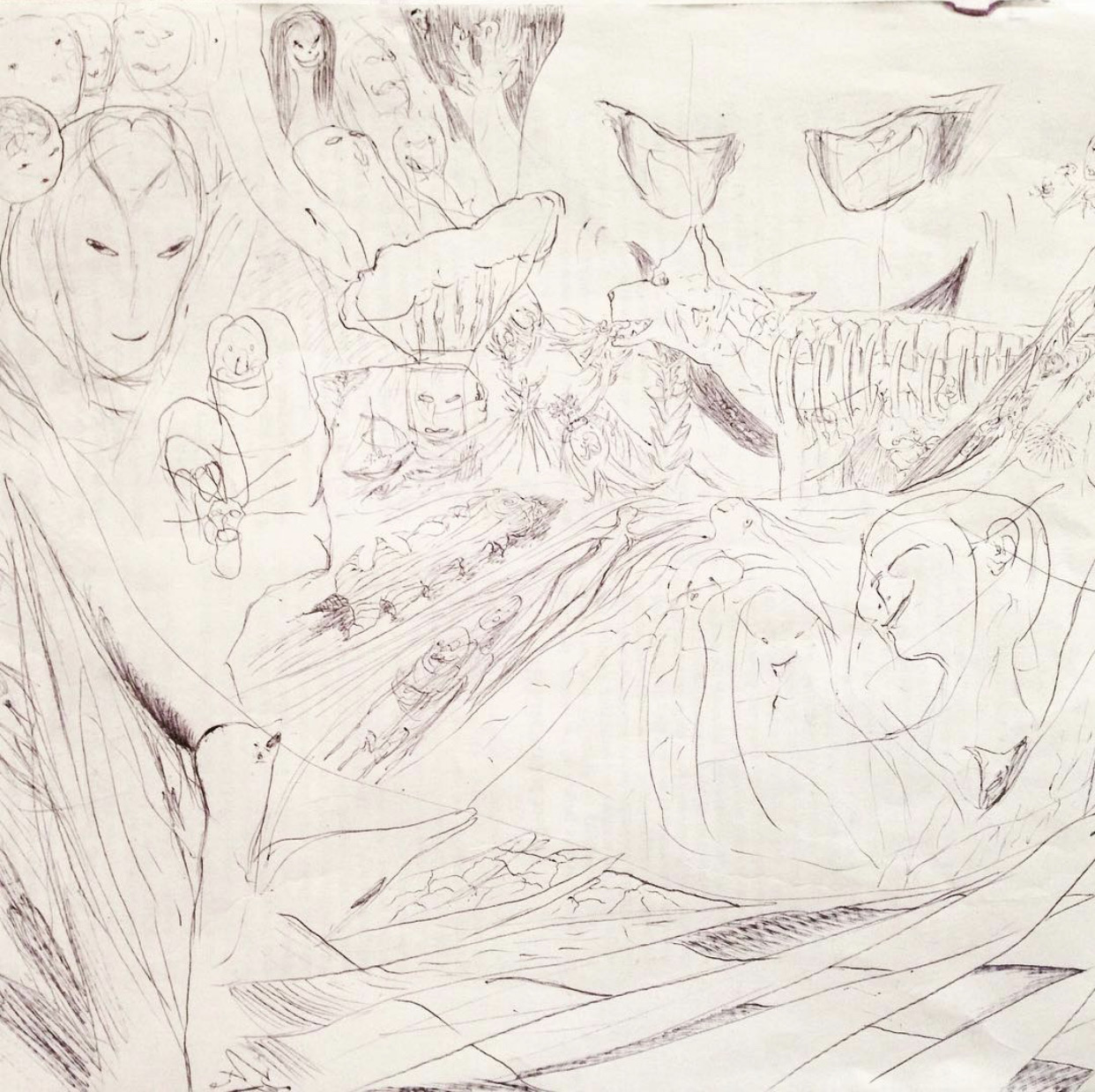 Untitled, 2010 — pen-and-ink drawing on paper with layered spectral figures, faces and flowing forms, by Hannes Bend