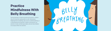 PBS Parents article header illustration titled "Practice Mindfulness With Belly Breathing" showing two faces and a speech bubble reading "belly breathing".