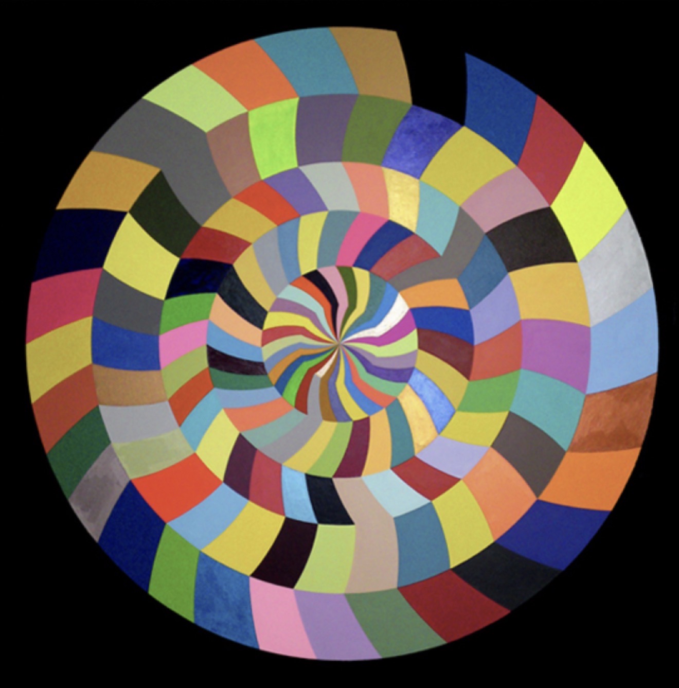 CircUmferencesuRprisE, 2009 — large circular multicolor spiral disc of tessellated color fields on black ground, acrylic on canvas by Hannes Bend
