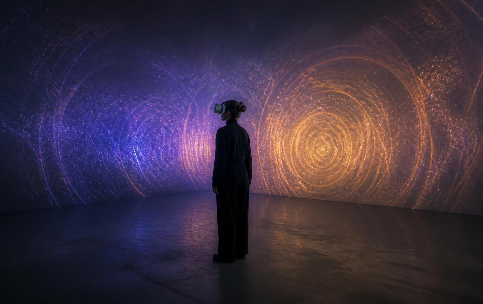 AutonoME, 2019/2026 — a single figure wearing a plain virtual reality headset in an empty darkened studio surrounded by an abstract field of violet, blue and amber light; visualization of the proposed VR study