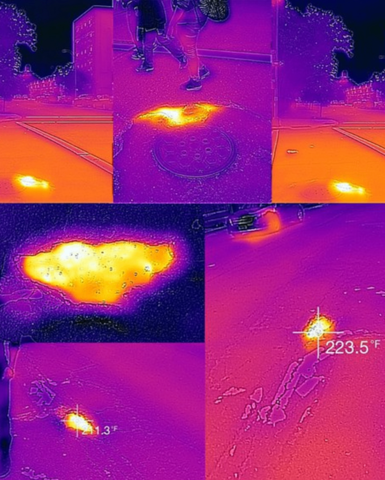 Thermal-imaging documentation of the heated candy interventions, showing surface temperatures up to 223.5°F