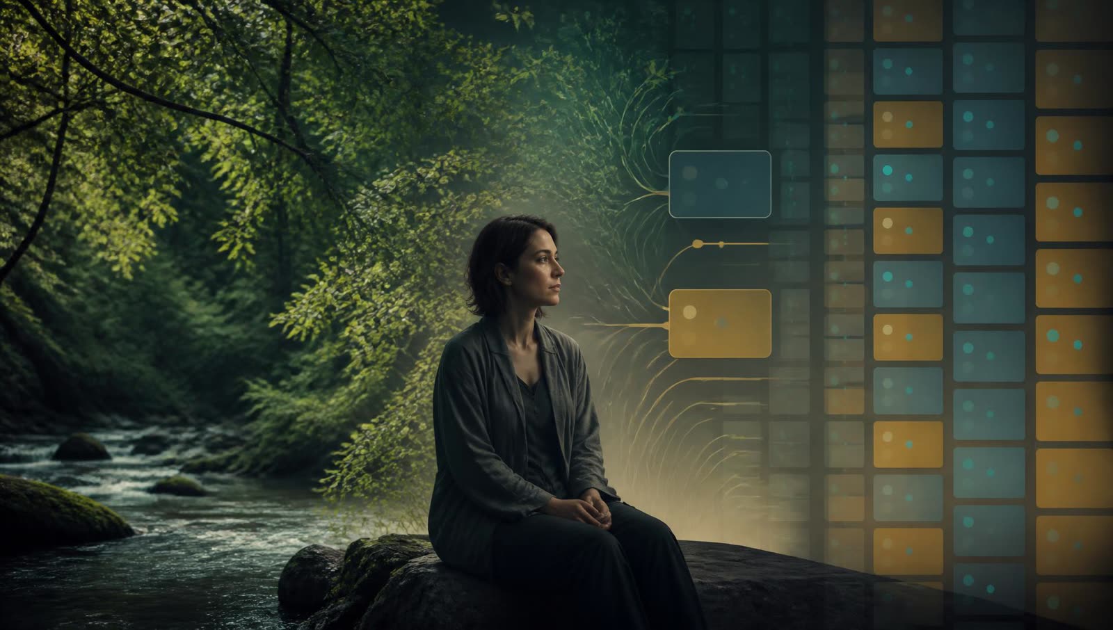 Person between a dynamic natural environment and a rigid digital interface that begins adapting its typography, brightness, visual density, and notifications to the person.