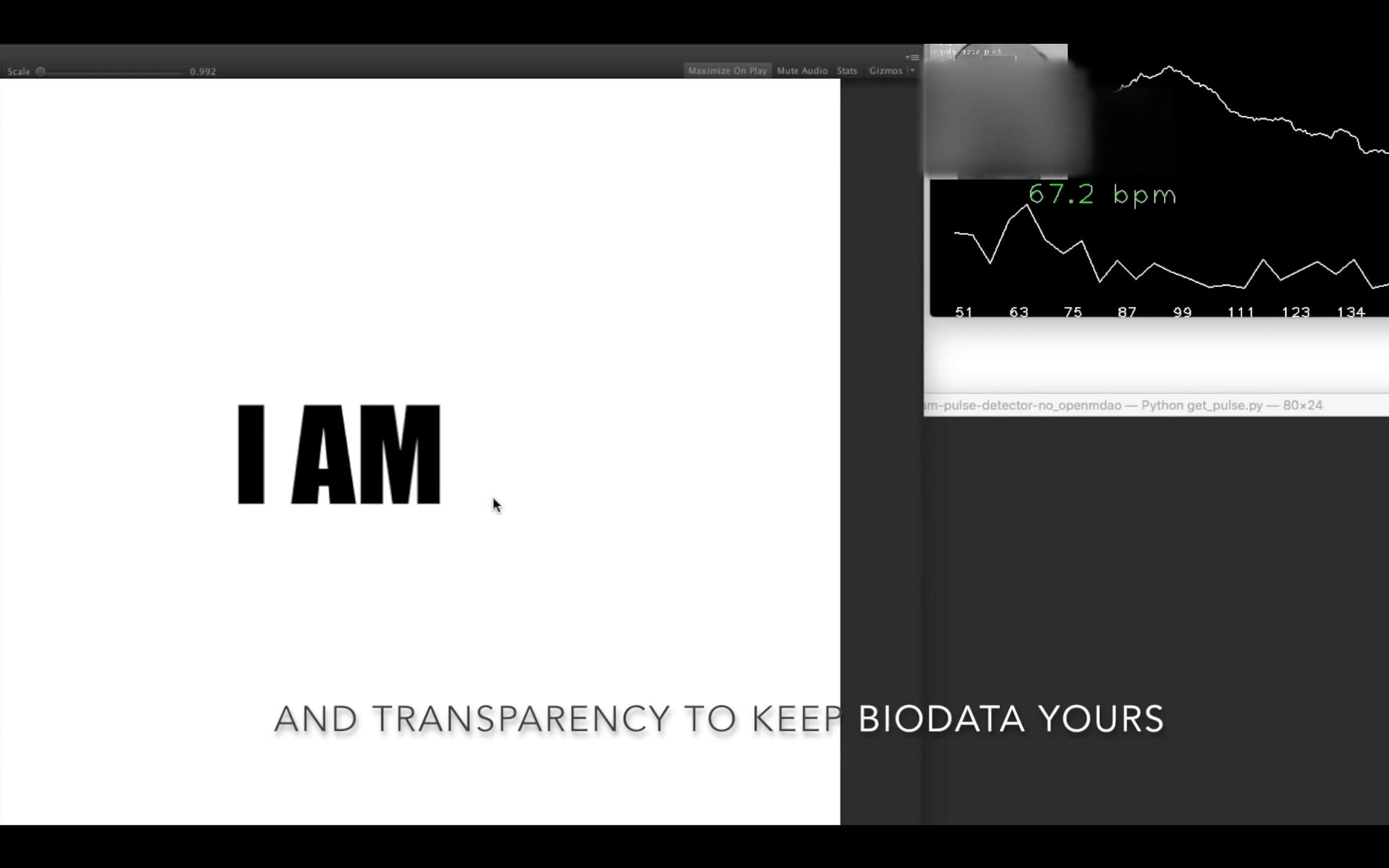 A white screen with the large words "I AM" beside a dark inset showing a pulse waveform reading 67.2 bpm. Overlaid caption reads: and transparency to keep biodata yours.