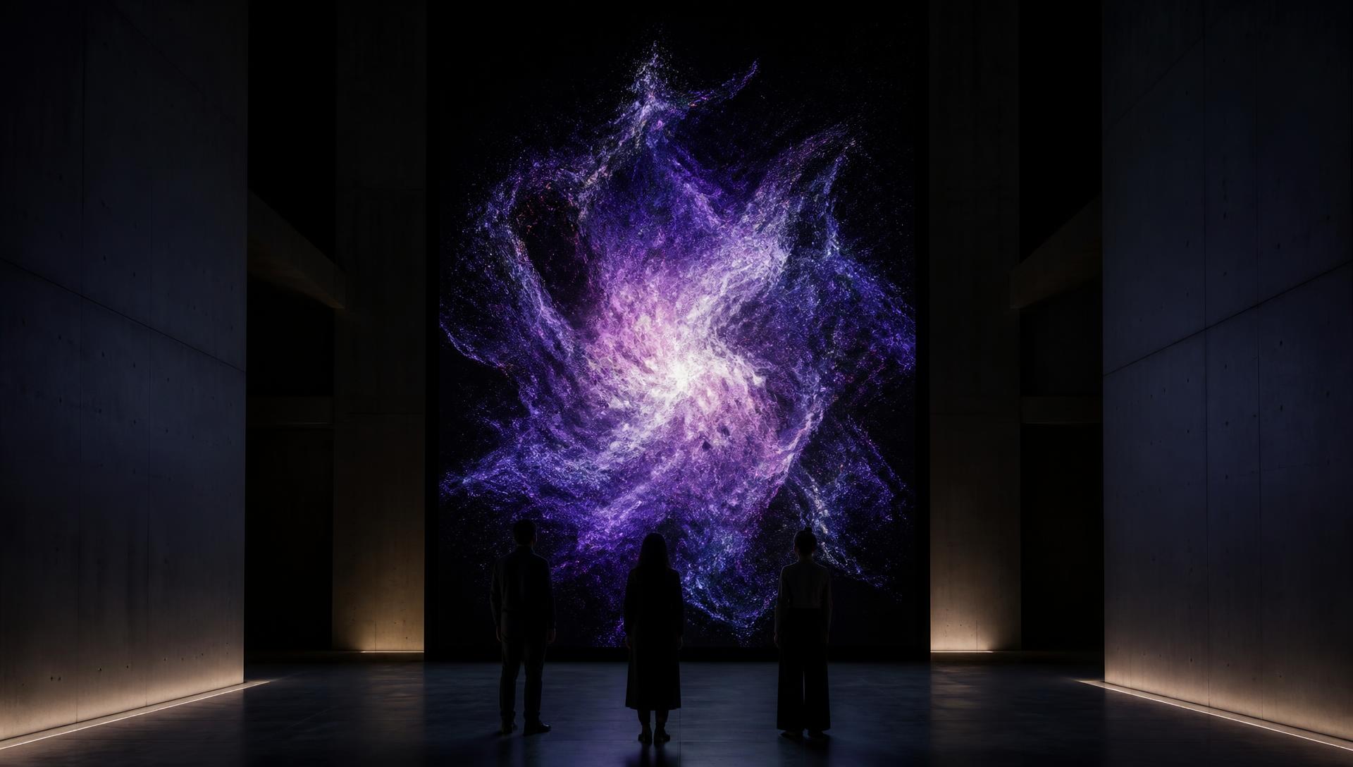 FORMLITH, 2014/2026 — three people standing before a monumental black screen on which their thermal fields have merged into a single luminous violet, magenta and white filamentary formation