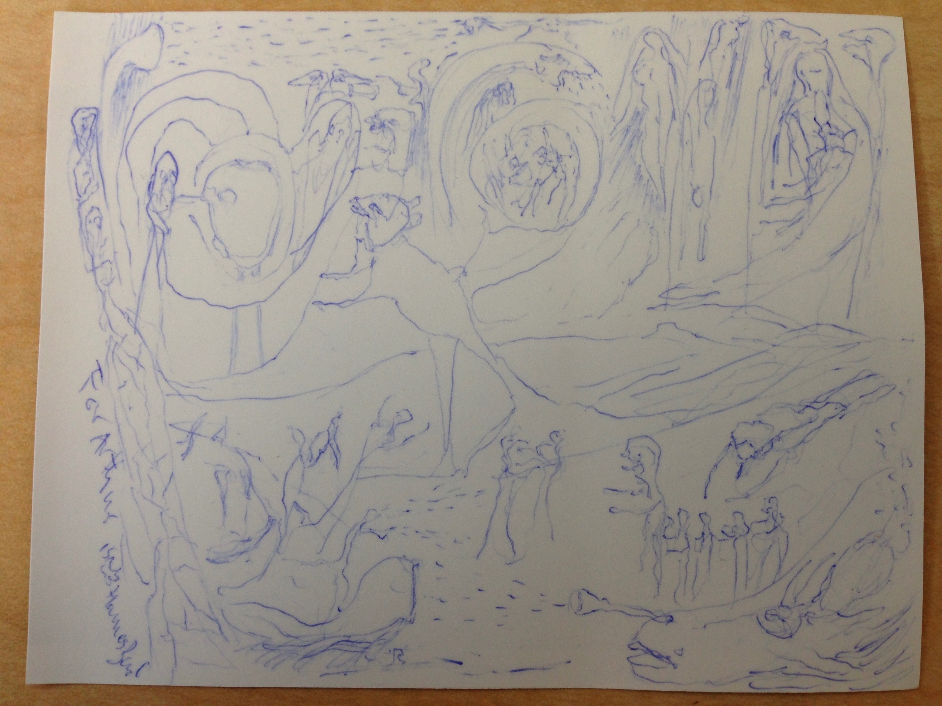 Untitled, 2013 — blue ballpoint drawing on paper with cascading figures and mask-like faces, by Hannes Bend