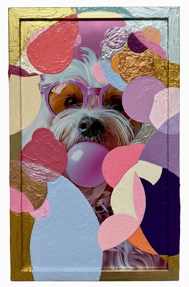 Who Let the Dog In?, 2026 — framed mixed-media painting of a dog in pink sunglasses blowing bubblegum, part of the CircUlaR Series by Hannes Bend