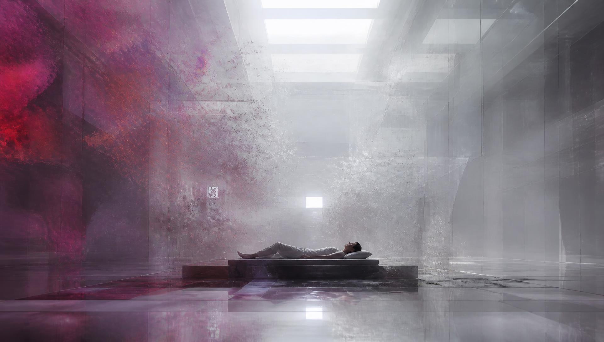 Heaven or Hell, 2020/2026 — the same chamber in transition, dense red and violet structures dissolving into a pale neutral grey-white interval as the architecture begins to open; visualization of the threshold phase