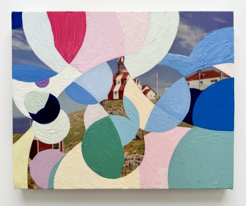 Egone, 2026 — acrylic painting by Hannes Bend of a coastal lighthouse overlaid with bold pastel circular forms; CircUlaR Series