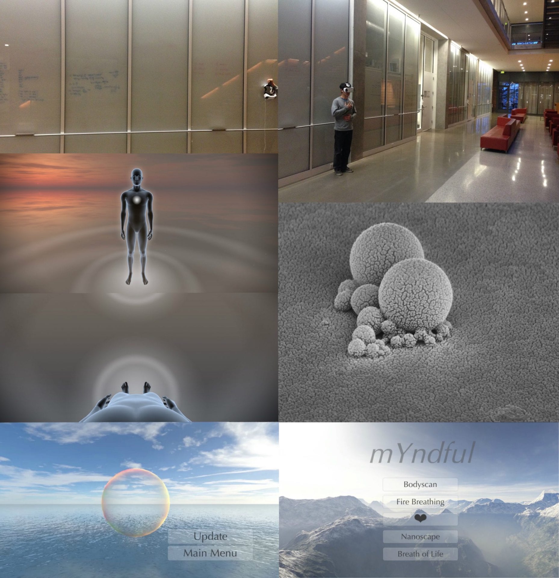 Metaverses / mYndful, 2015–2016 — selected VR modules integrating body-scan meditation, physiological feedback and shifts between nanoscale and human-scale perception