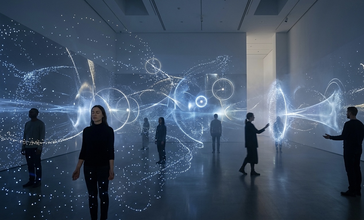 Colliding in Consciousness, 2015/2026 — visitors within a darkened gallery surrounded by luminous particle trajectories, concentric rings and flowing fields of light; virtual realization of an unrealized immersive installation by Hannes Bend