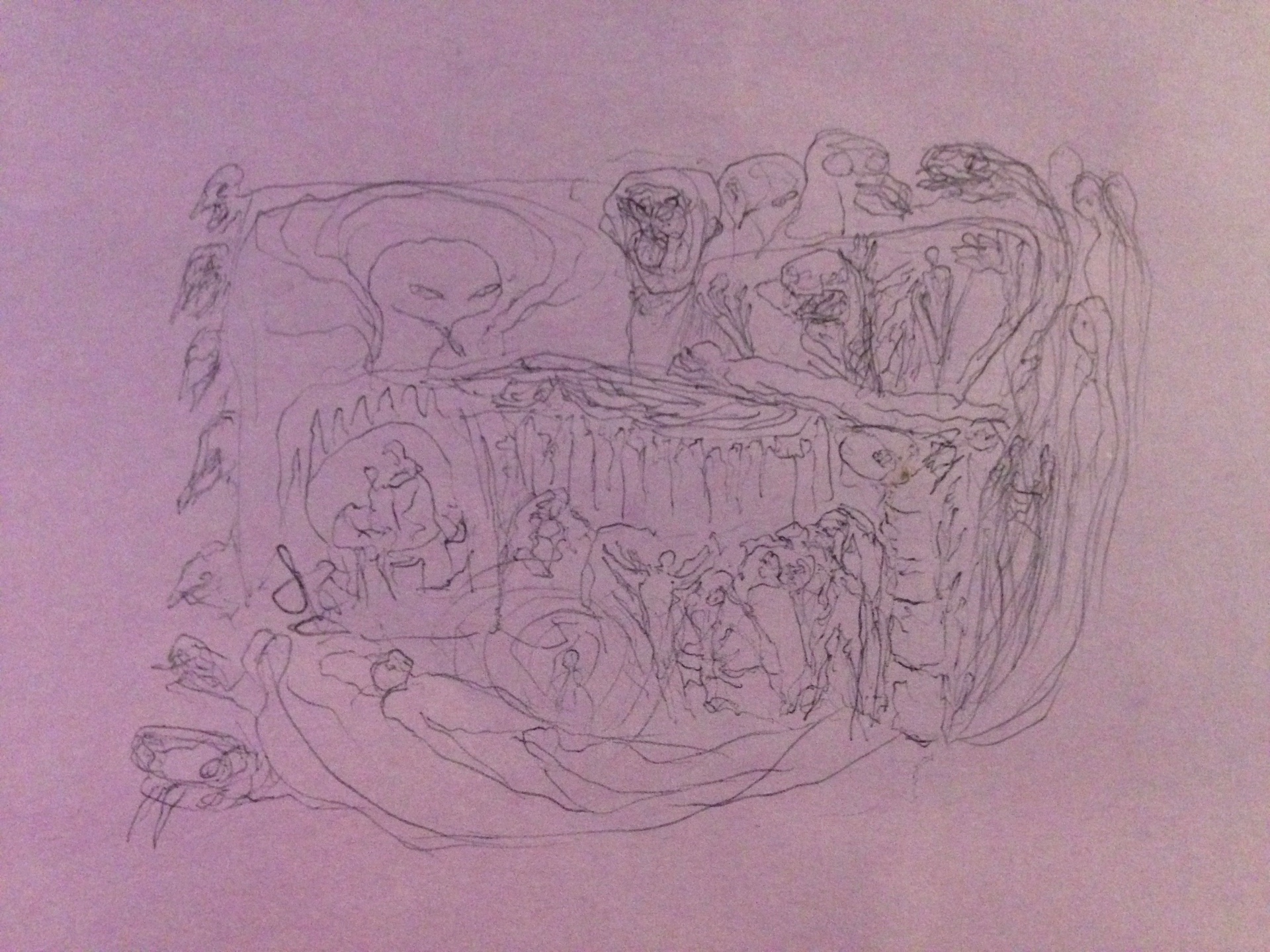 Untitled, 2011 — pen drawing on lavender paper with cavernous forms, figures and ornamental frame, by Hannes Bend