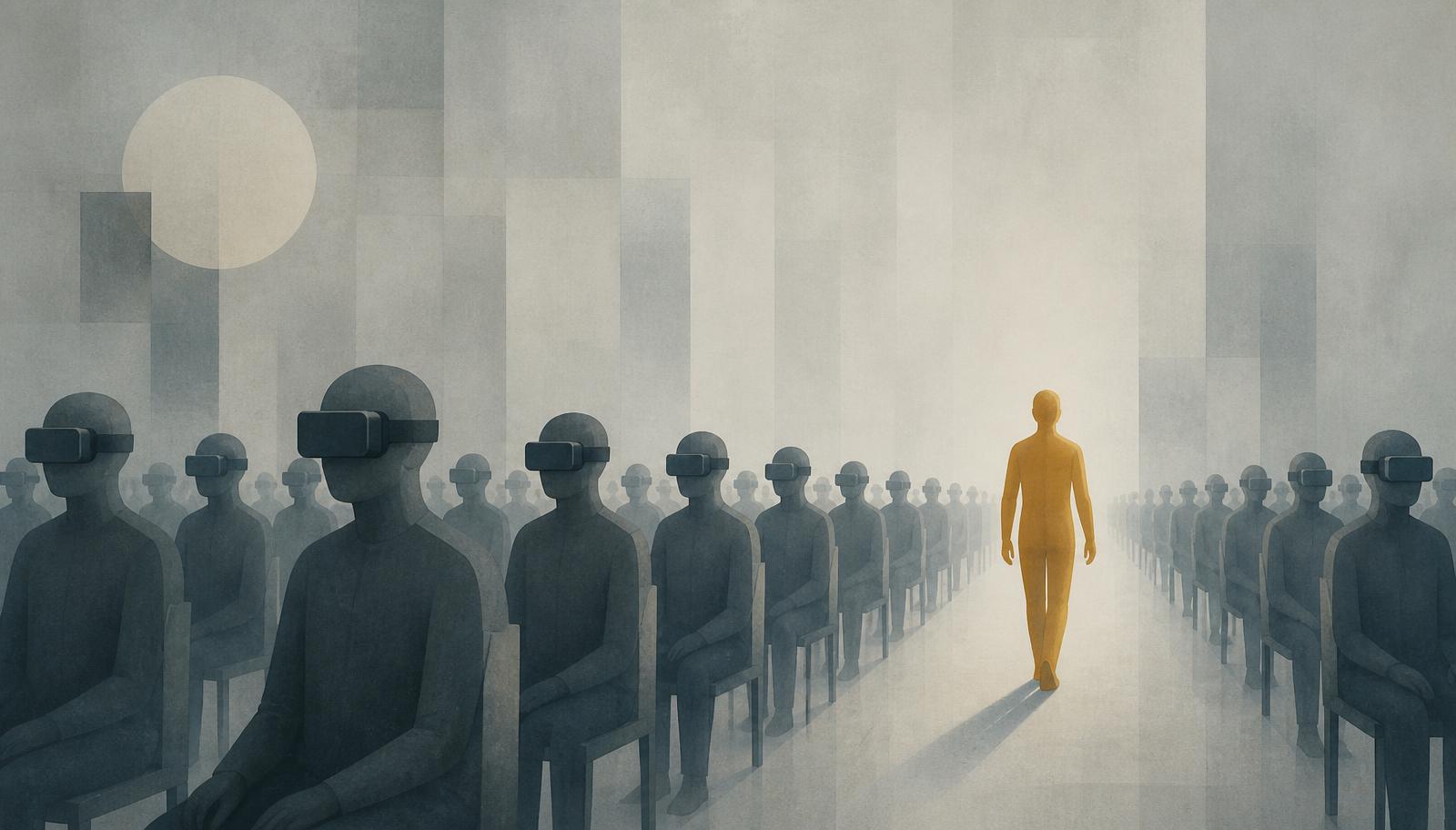 Abstract illustration of rows of anonymous seated figures wearing head-mounted visors while one unencumbered figure walks through the fading physical space.