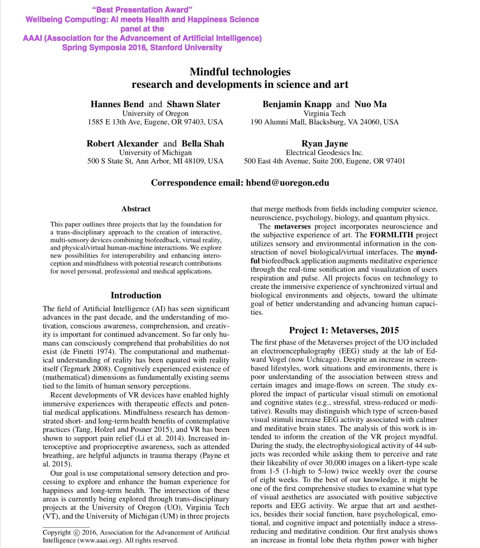 First page of the 2016 AAAI symposium paper Mindful Technologies: Research and Developments in Science and Art