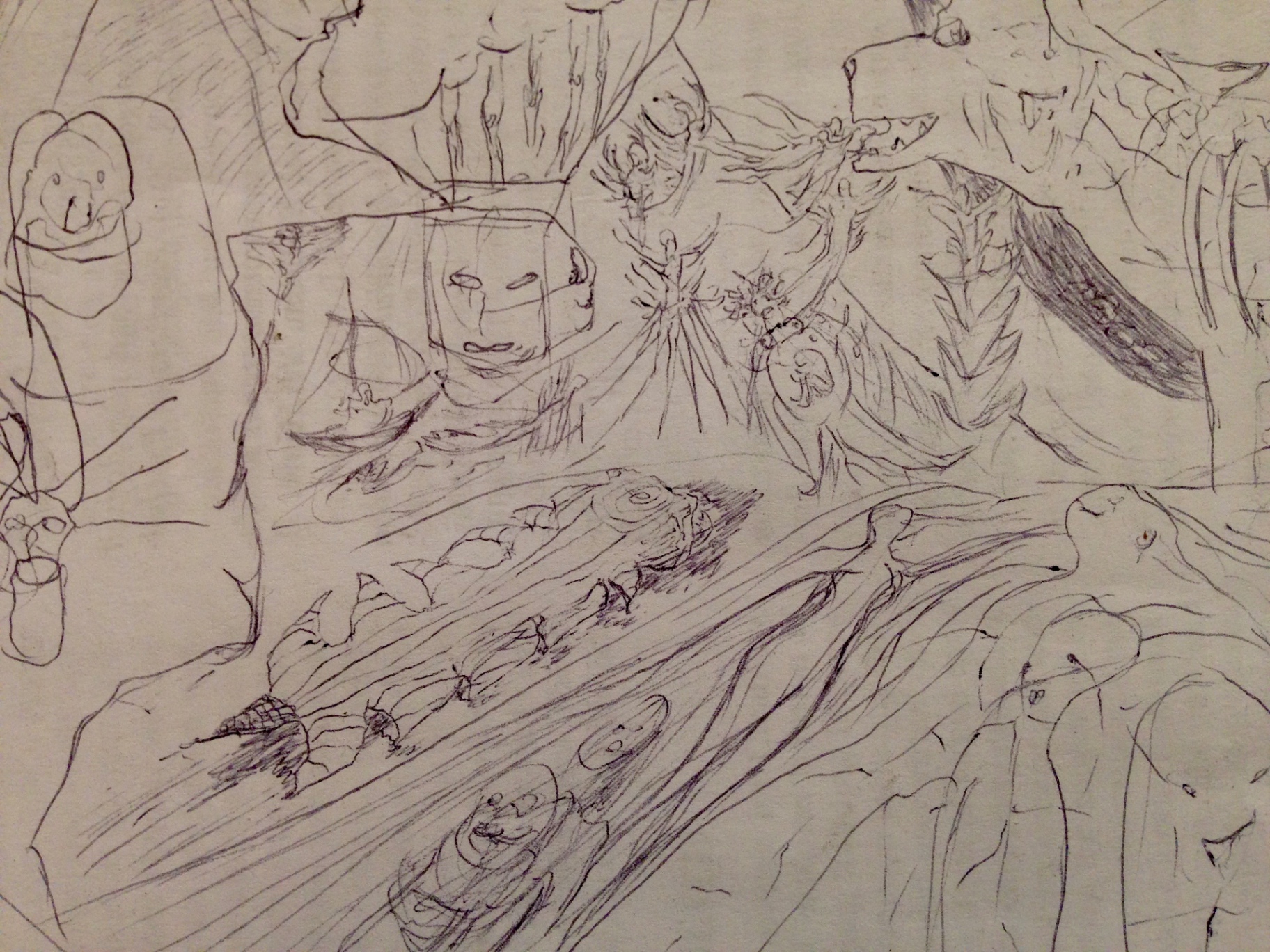 Untitled, 2018 — II — dense pen-and-ink composition on paper with layered figures, faces, boats and mountainous forms, by Hannes Bend