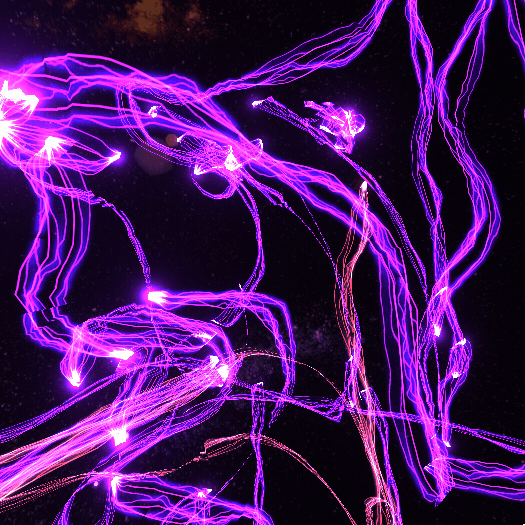 Untitled (virtual), 2016 — animated 3D VR drawing by Hannes Bend made in Tilt Brush, showing luminous figures of light in a starfield with a moon